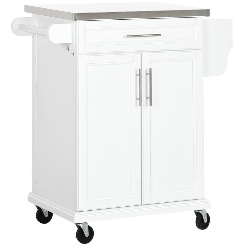 Kitchen Island on Wheels, Rolling Kitchen Cart with Stainless Steel Countertop, Drawer, Towel Rack and Spice Rack - White