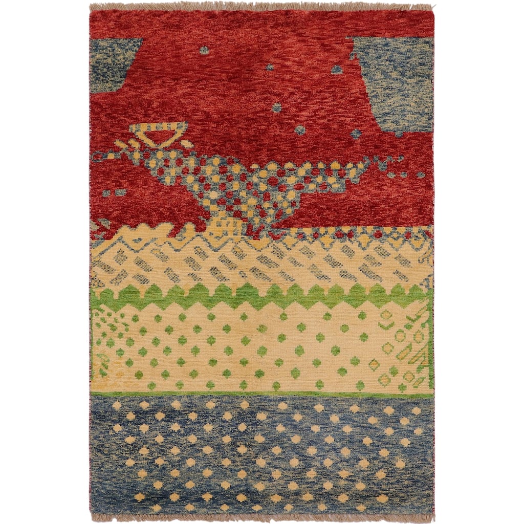 Contemporary Balochi Proctor Red/Blue Hand Knotted Wool Rug - 3'0'' x 4'11''