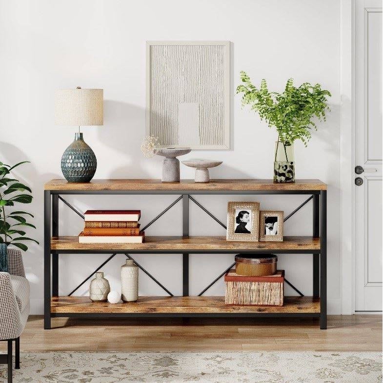 55 Inch Wooden Console Table with Sturdy Metal Frame Shelves for Storage and Decoration - 55.12”L x 11.81”W x 29.92”H
