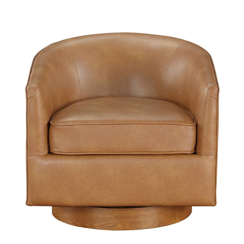 Maisy Faux Leather Wood Base Barrell Swivel Chair For Living Room