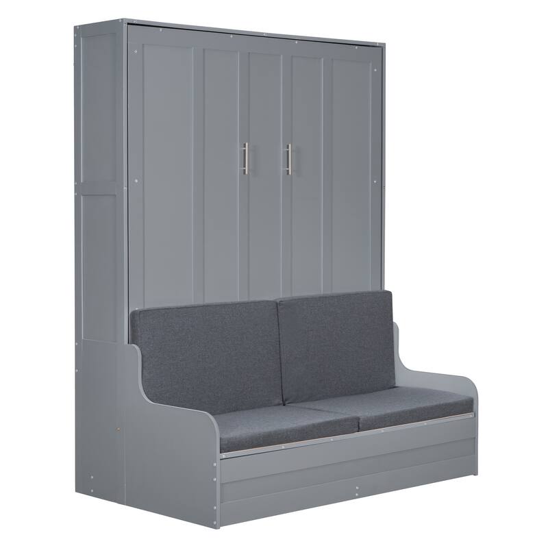 Space-Saving Queen Murphy Wall Bed with Cushion and Chair, Gray Finish
