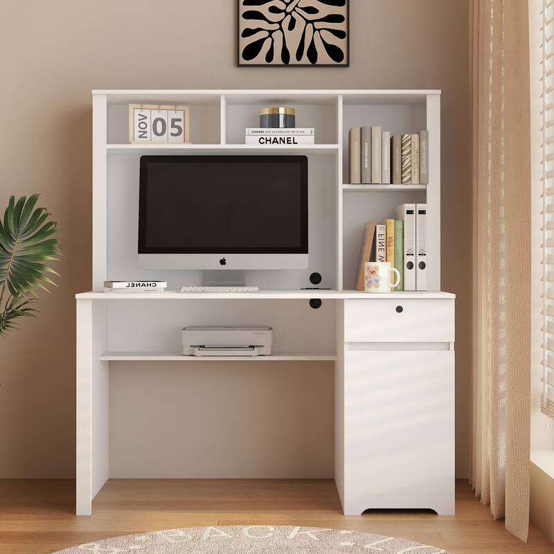 Computer Desk with Hutch & Bookshelf,3 AC Outlets and 2 USB Charging Ports,Study Laptop Table for Home - White