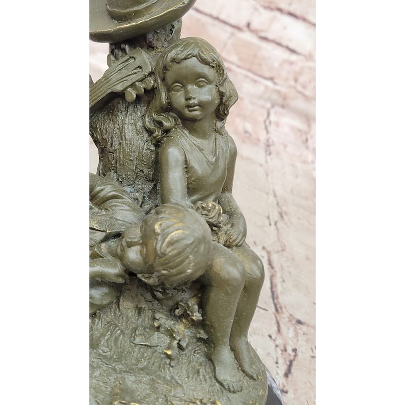 Bronze Children Resting Sculpture – Boy And Girl Figurine With Guitar And Hat