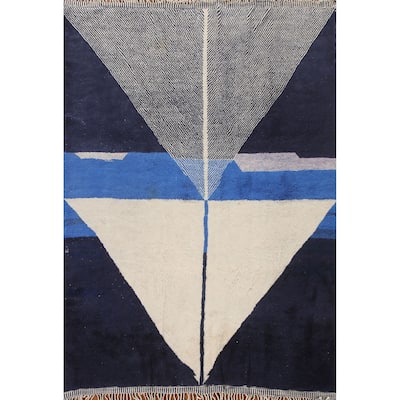 Navy Blue & Ivory Moroccan Persian Vintage Rug Handmade Wool Carpet - 8'2"x 11'2"