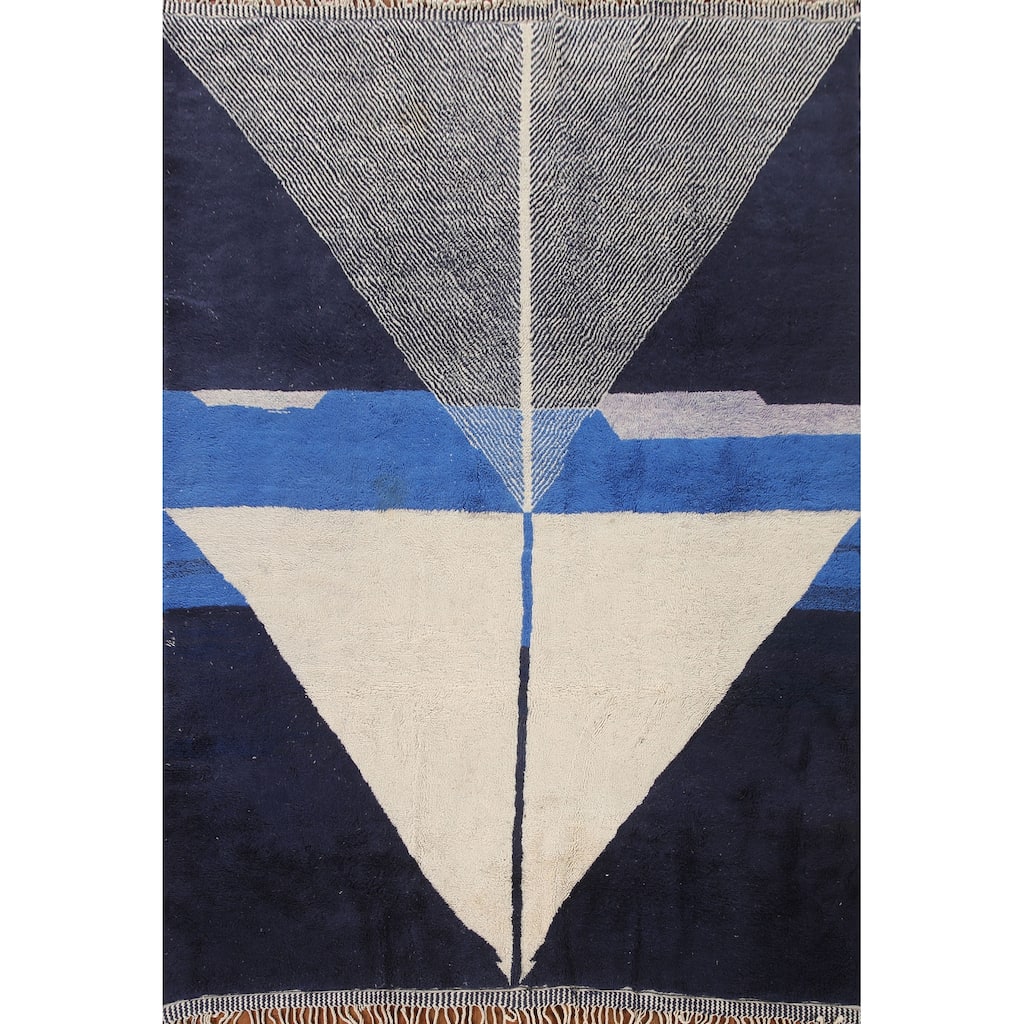 Navy Blue & Ivory Moroccan Persian Vintage Rug Handmade Wool Carpet - 8'2"x 11'2"