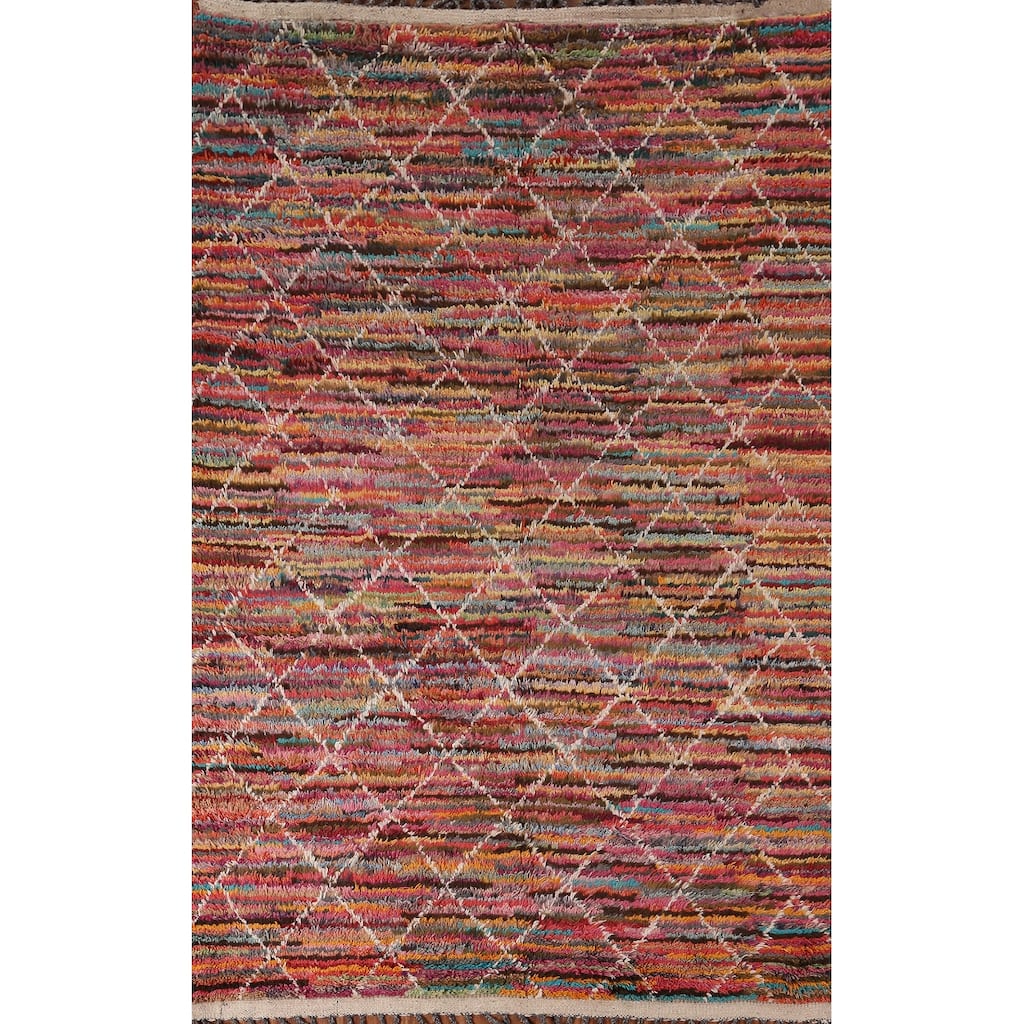 Stripe / Trellis Moroccan Area Rug Handmade Wool Carpet - 5'10" x 9'4"