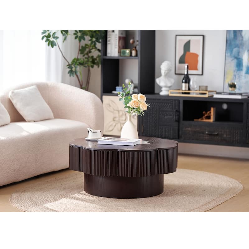 Modern Solid Wood Veneered Round/Oval/Rectangular Coffee Tea Table with Storage.