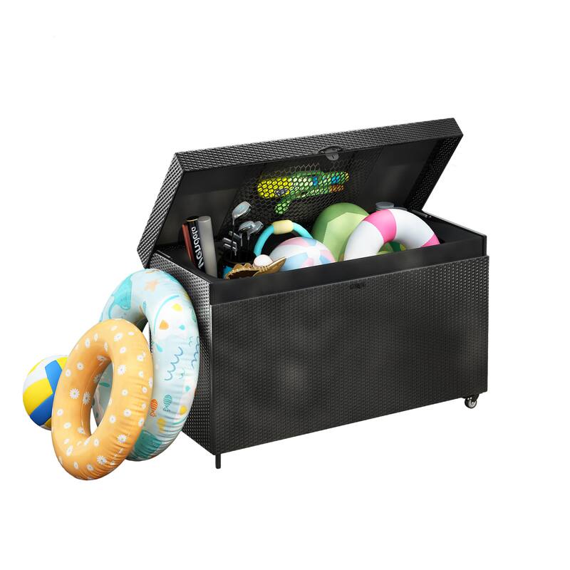 Black Heavy Duty Wicker Deck Box with 4 Wheels, Lockable Lid and Bench for Patio Poolside and Garden​