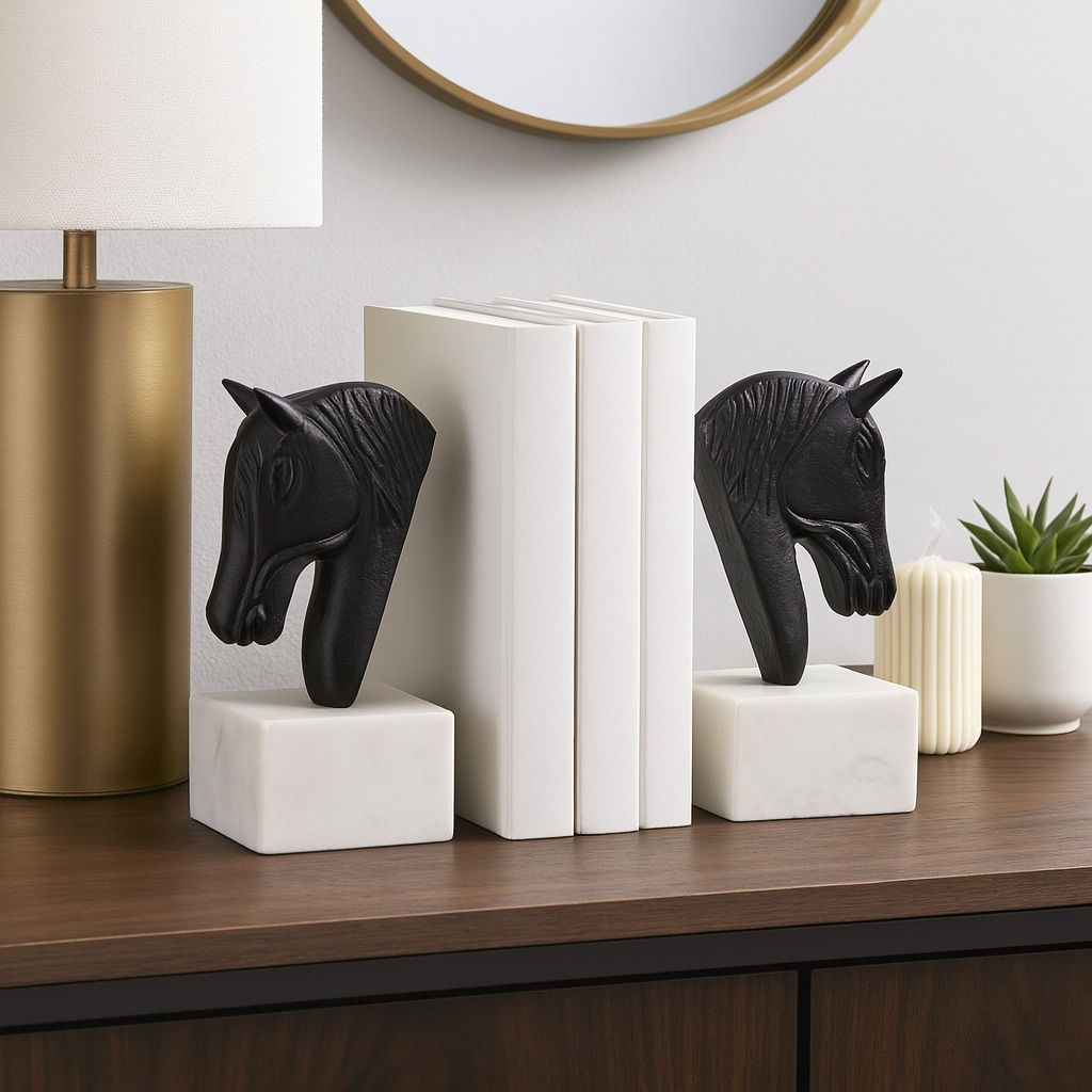 Sagebrook Home Bookends Metal & Marble Sculpted Horse Head Design 3x3x7" Black/White Modern Decor Black White Marble