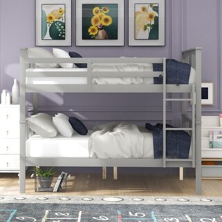 Full over Full Bunk Bed with Ladder,Gray, No Box Spring Needed, Solid Pine Wood Construction