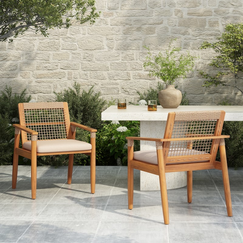 Christopher Knight Home - Caldera Outdoor Acacia Wood Patio Dining Chairs with Rope Woven Backrest and Cushions, Set of 2 - Multi Brown+Light Teak Finish