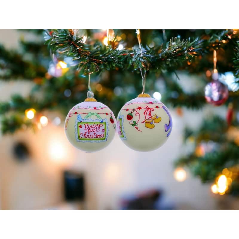 HomeRoots Baby's First Christmas with Motifs Hand Painted Mouth Blown Glass Ornament - 3 - Ivory White and Red - 3