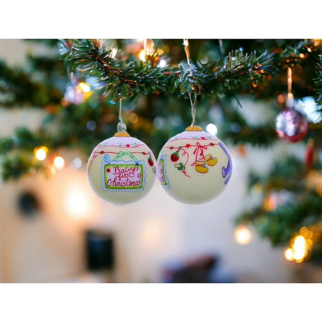 HomeRoots Baby's First Christmas with Motifs Hand Painted Mouth Blown Glass Ornament - 3