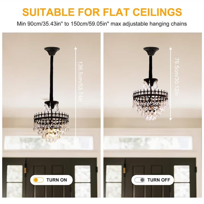 30/60CM Round Crystal Light Fixture with 3 Color Black Gold Crown Design Chandelier for Entryway, Living Room, Bedroom