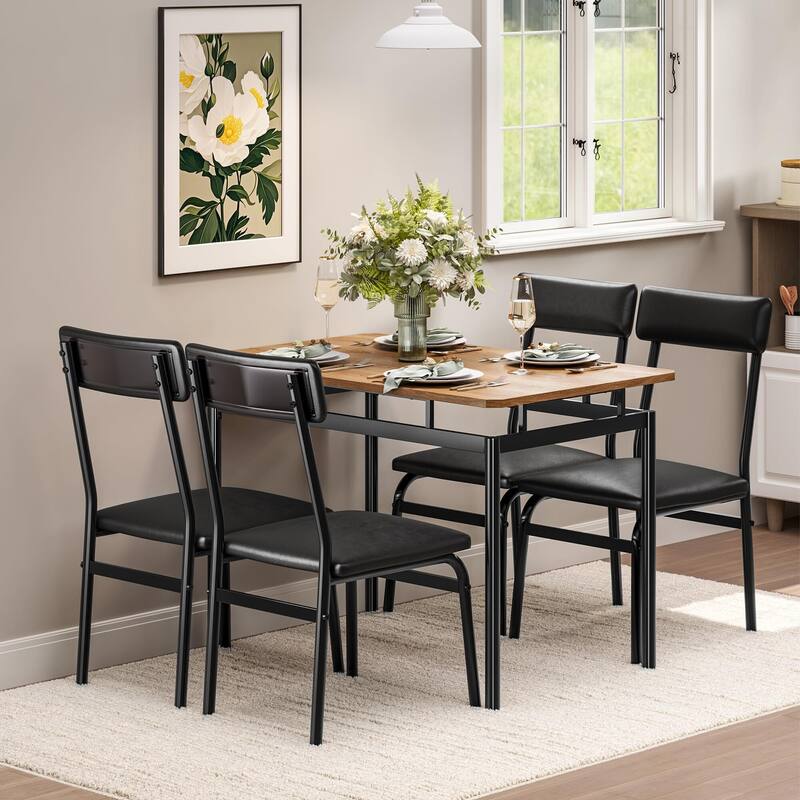 5 Piece Dining Table Set for 4, Small Industrial Kitchen Table with PU Padded Chairs & Metal Frames