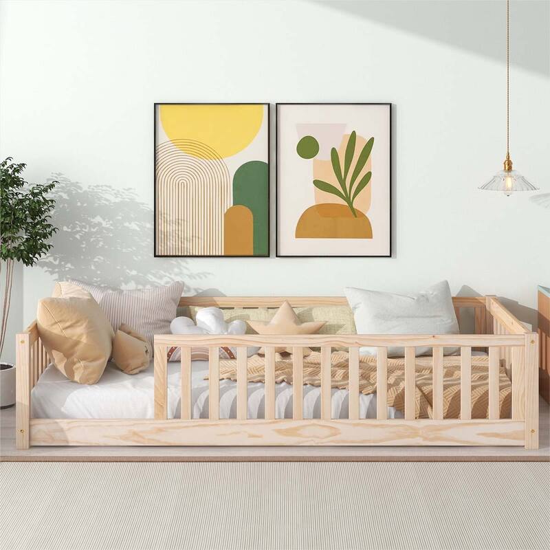 Twin Floor Platform Bed with Fence without Door