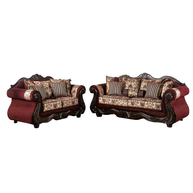 Maty 2pc Sofa Loveseat Set, Burgundy Brown Chenille, 5 Accent Pillows