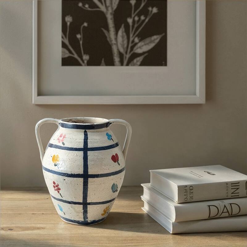 Hand-Painted Terra-cotta Urn with Flowers and Grid Pattern in Crackle Glaze - Multicolor - 10.25"L x 9.0"W x 11.38"H