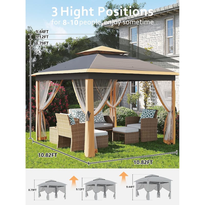 10.82'x10.82' Pop-Up Gazebo, Enhanced Frame and Mosquito Netting - 11*11Ft