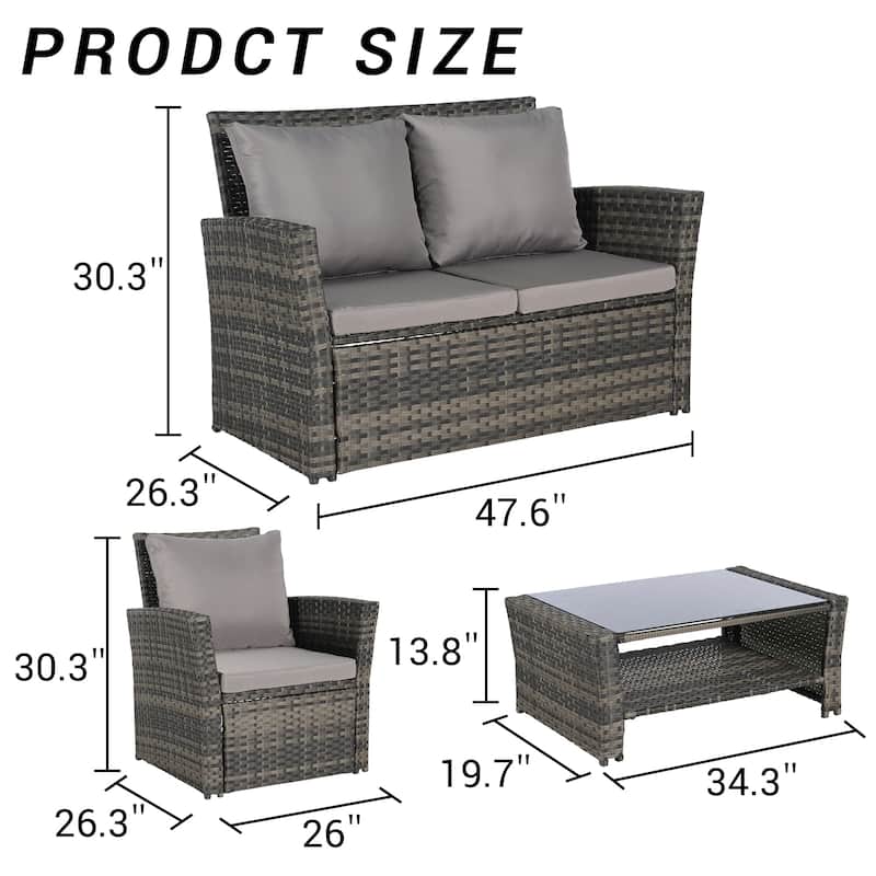 4-Piece Outdoor Grey Wicker Conversation Sofa Set with Coffee Table