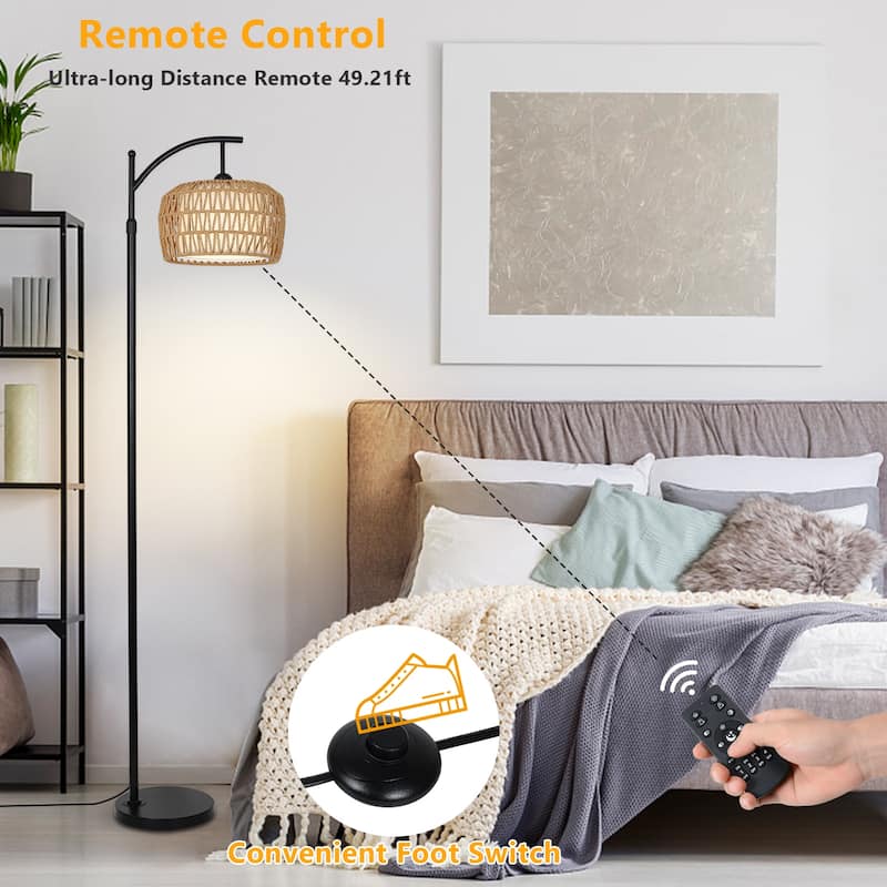 Arc Floor Lamps for Living Room, Dimmable Rattan Floor Lamp with Remote & LED Bulb, Mid Century Modern Standing Lamp