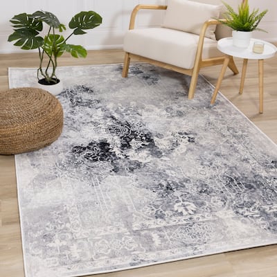 Sheffield Collection - Blue/Grey/Cream Distressed Border Rug