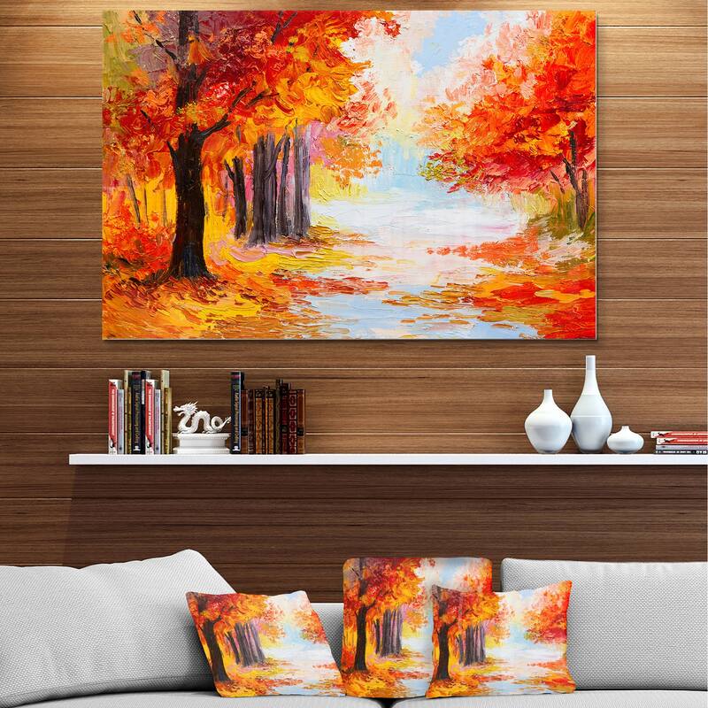 Designart 'Orange Forest in Autumn' Landscape Metal Wall Art
