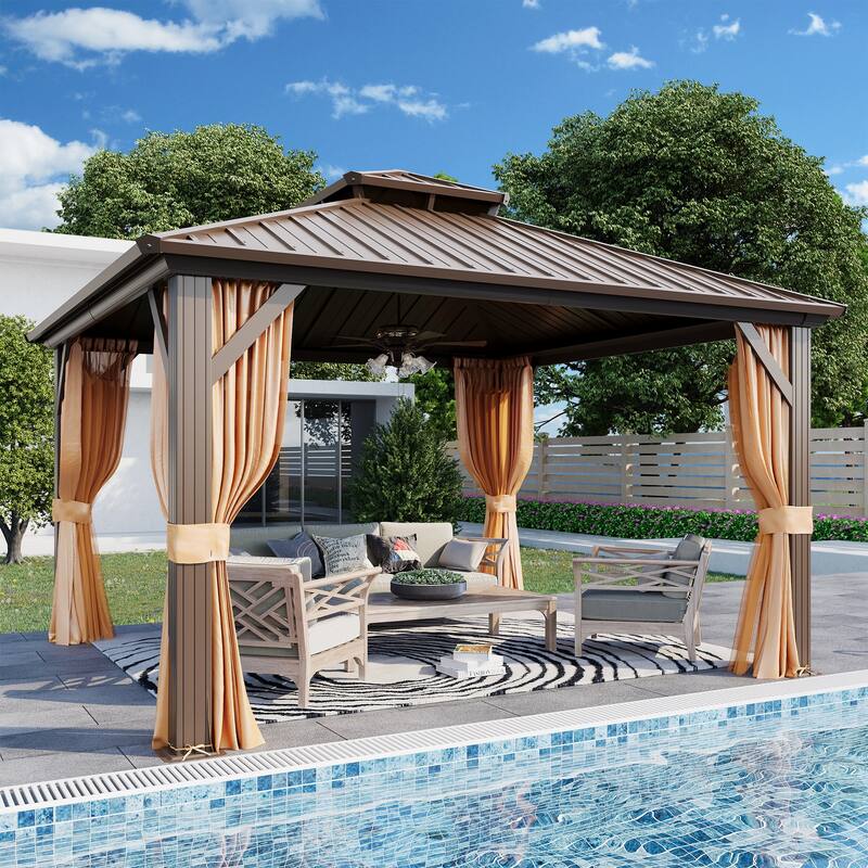 Erommy Hardtop Gazebo with Galvanized Steel Double Roof & Aluminum Frame, Outdoor Gazebo with Curtains and Nettings