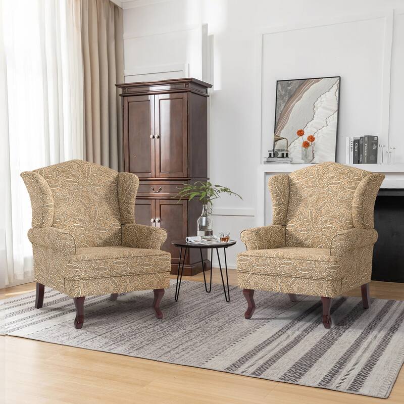 Elegant Living Room Wing Back Arm Chair Upholstered Accent Chair - Set of 2 Chairs - PAISLEY BROWN-2 Set