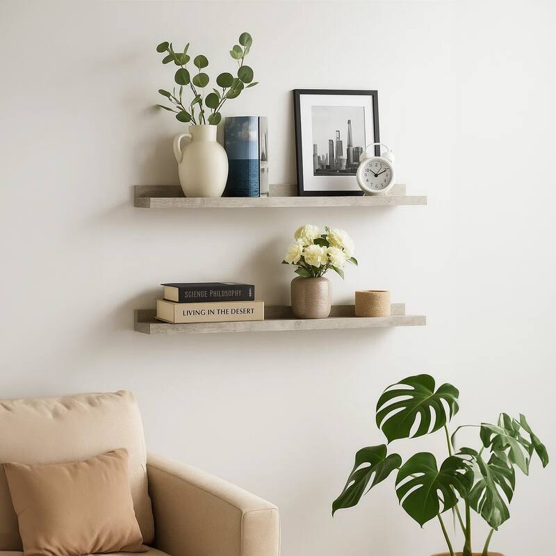 Yuli Wall Shelf Set of 2, Concrete Gray, Raised Ledge Design 32 Inch