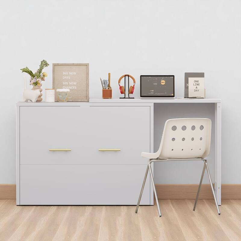 Convertible Twin Murphy Chest Bed with Adjustable L-Shaped Desk and Built-in Cushion for Small Rooms