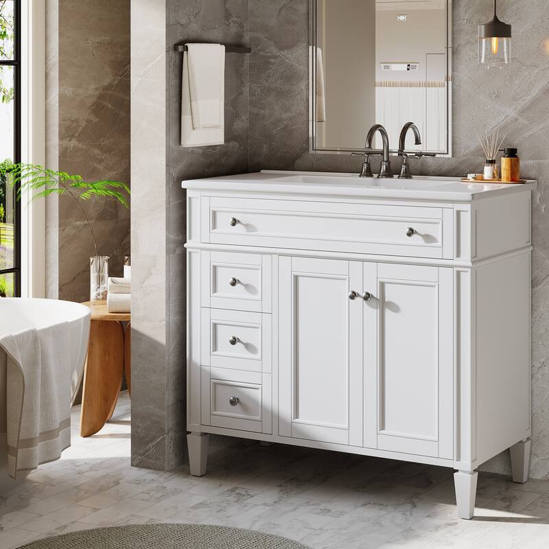White Modern Wooden Bathroom Vanity with Basin, Floor Storage Cupboard