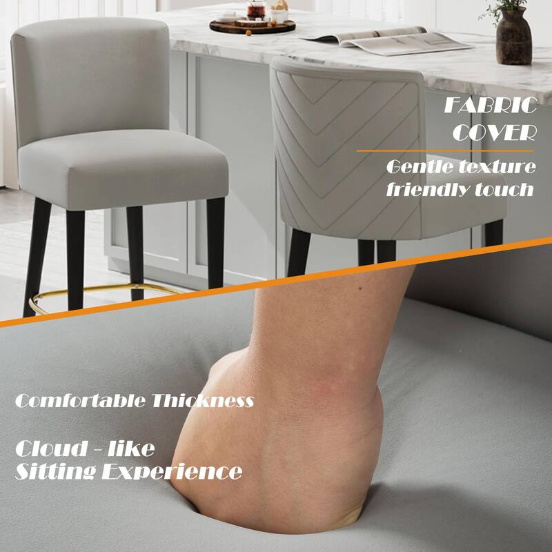 27-Inch Counterstool with Light-Colored Fabric and Gold-Tipped Circular Footrest
