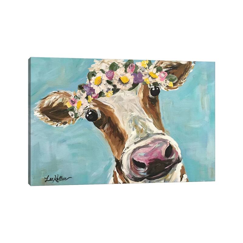 iCanvas "Cow With Flower Crown On Turquoise" by Hippie Hound Studios Canvas Print