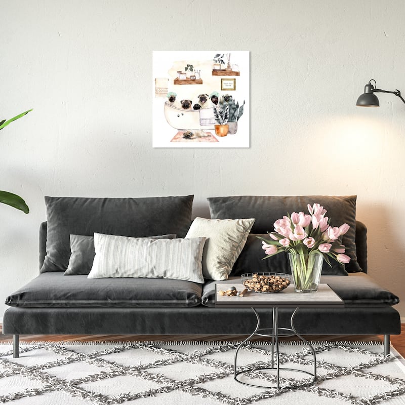 Wynwood Studio Canvas Bath and Laundry Pugs in the Bath Tub White and Cream White Modern & Contemporary Wall Art Canvas Print - 20 x 20