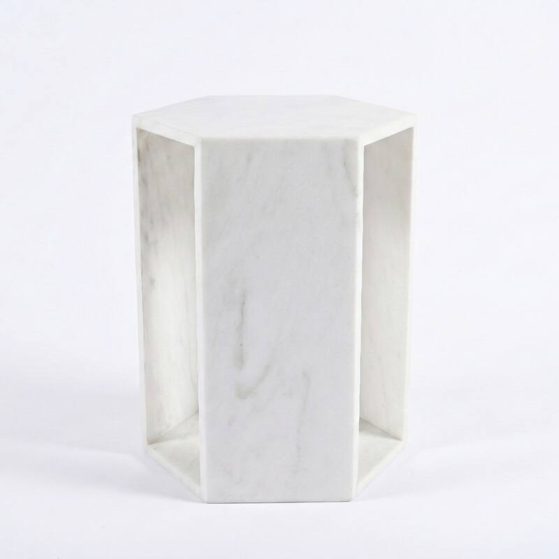 Roomfitters Luxury Natural Marble Hexagon Side Table, Solid Stone Geometric Pedestal End Table, Polished Finish