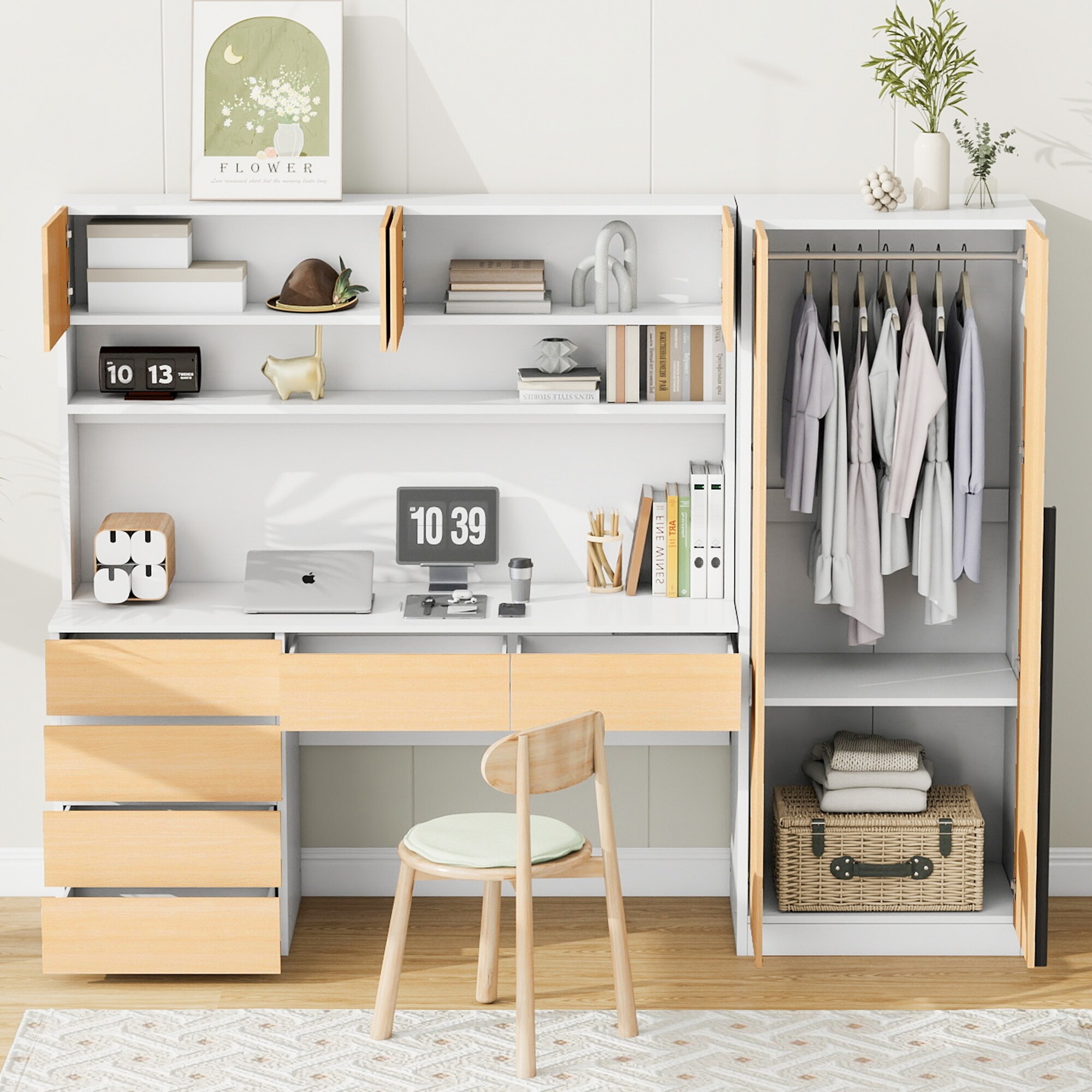 Versatile Study Desk Wardrobe All in one Bedroom Furniture Set 6 Drawers Dresser and Armoire Closet Cabinet Combo Set Natural