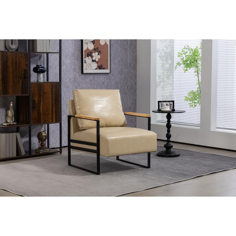 Khaki PU Modern PU Upholstered Accent Chair with Sturdy Metal Frame and Waist Cushion