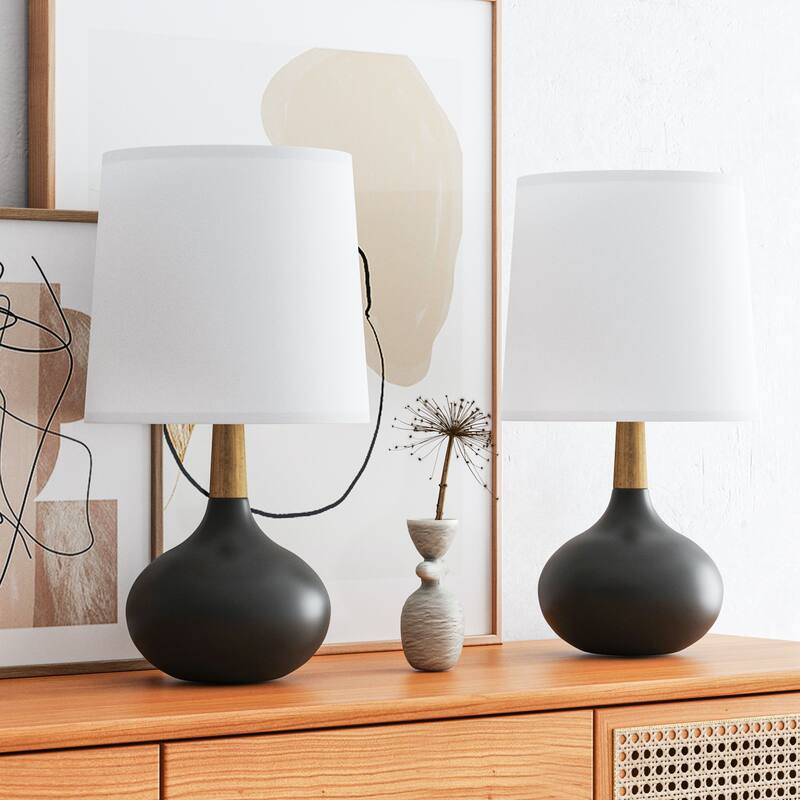 Maxax 14'' Ceramic And Wood Modern Table Lamp Set For Living Room/bedroom (Set of 2) - Black