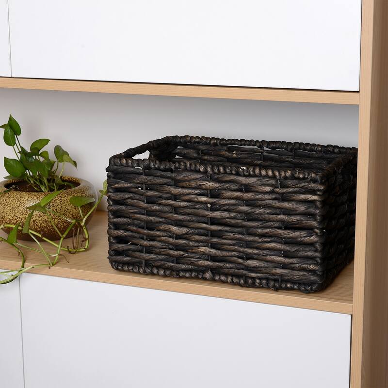 Set of 2 Rectangle Handmade Twisted Wicker Baskets with Handles by Villacera (Black)