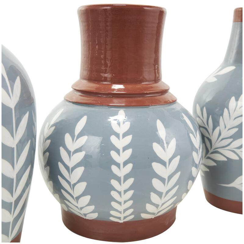 Ceramic Floral Decorative Vase with Terracotta Colored or White Detailing - Set of 3 White or Blue - Roche River Decor