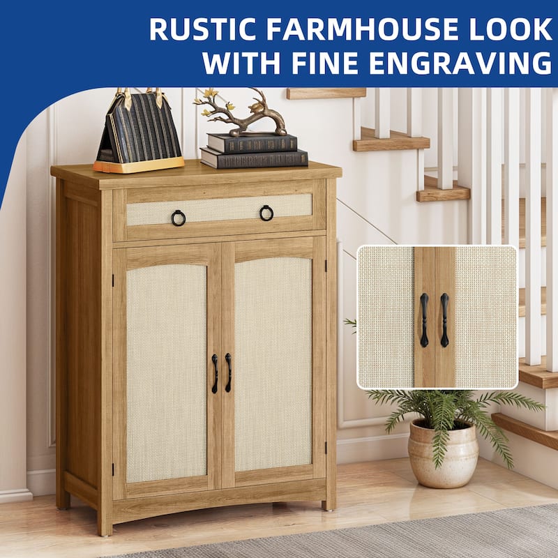 Moasis Farmhouse 20 Pairs Shoe Cabinet with Drawer Rattan Shoes Rackt with Doors for Entryway Hallway