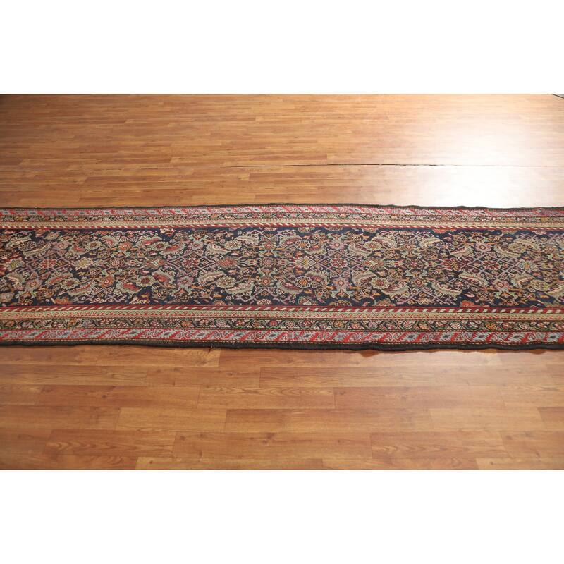 Hand Knotted Oriental 100% Wool Carpet Traditional Floral Navy Blue & Blues Malayer Runner Rug - 12' 8'' X 3' 3''