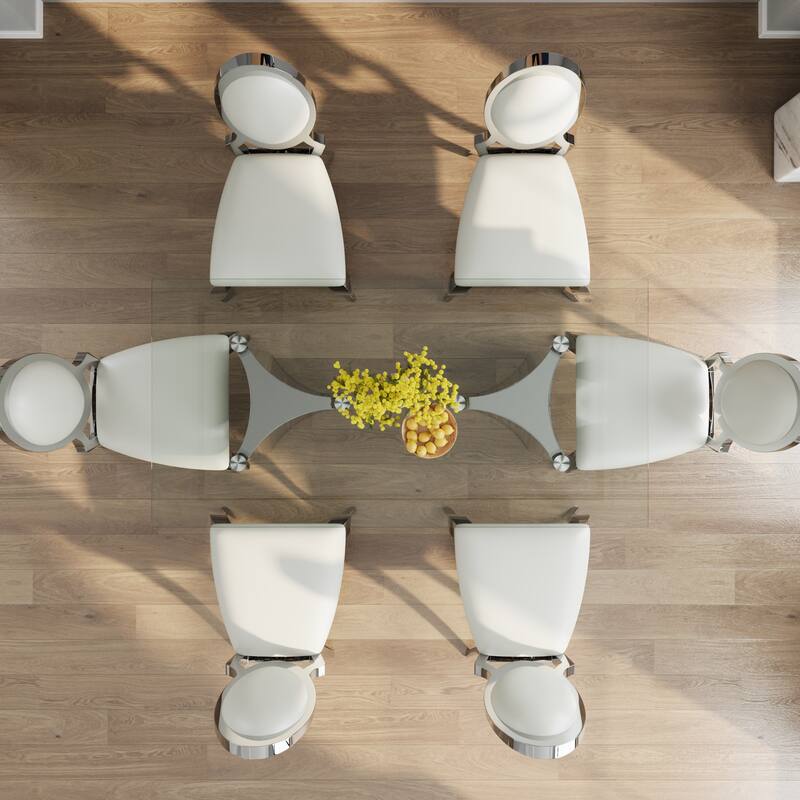 70 inch Clear Tempered Glass Dining Table Set with Leather Dining Chairs