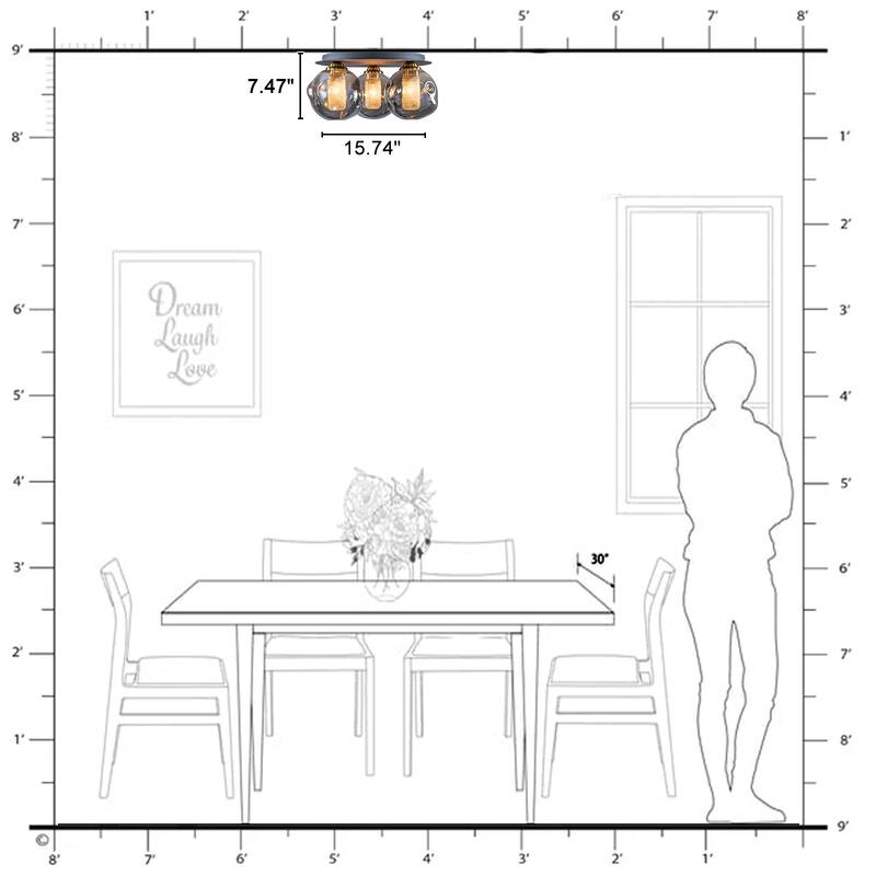 3 Lights Black Flush Mount Ceiling Light with Smoked Glass Shades - Dia.15.74-in