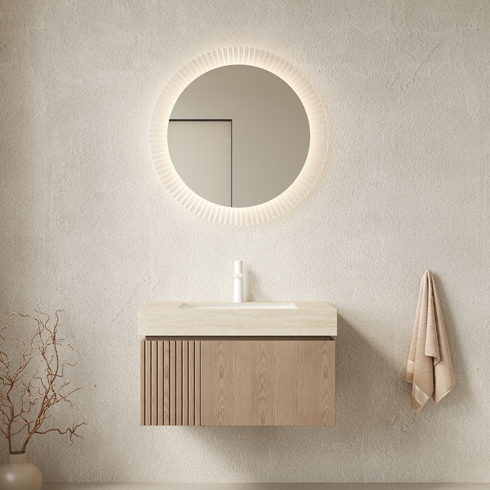 30" Floating Bathroom Vanity with Sintered Stone Top & 1-Hole Ceramic Basin, Pre-assembled Plywood Cabinet