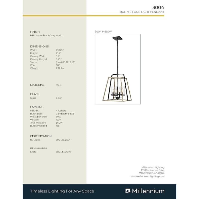 Millennium Lighting Bonnie 4 Light Pendant in Matte Black Grey Wood with Clear Glass Shades