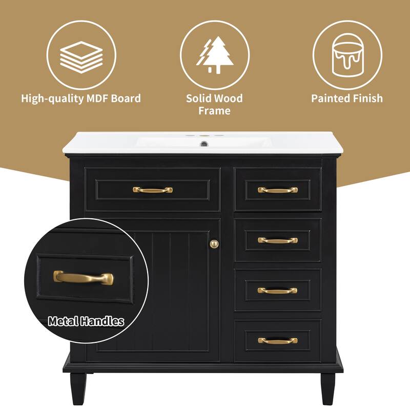 36 Inch Bathroom Vanity with Ceramic Sink Top, Solid Wood Frame, MDF & Poplar Cabinet, Flip Drawers, Adjustable Shelf