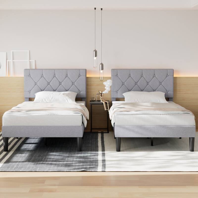 VECELO 2 Pack Upholstered Twin Size Kids Bed Frame Set of 2 Diamond Tufted Headboard with Crystal/Button Accents - Grey