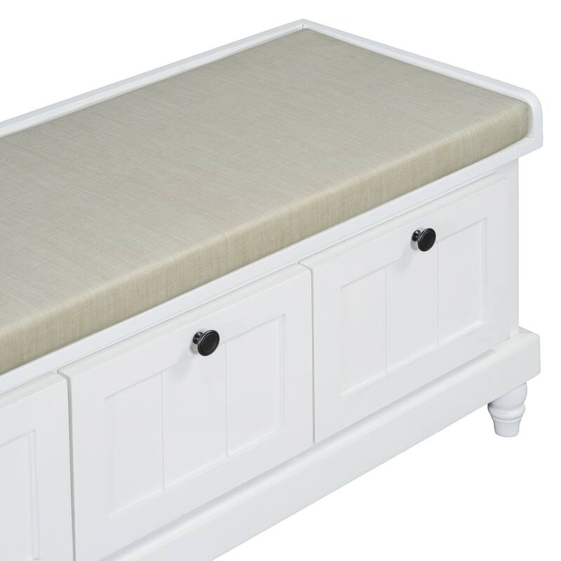 Classic Shoe Bench With Cushion And Three Drawers,Fluted Entryway Bench With Storage For Living Room, Entryway,And Hallways